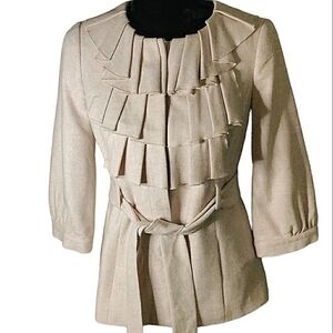 Anthropologie Tabitha ruffle neck belted cream wool blend‎ jacket  Jacket Sz 6